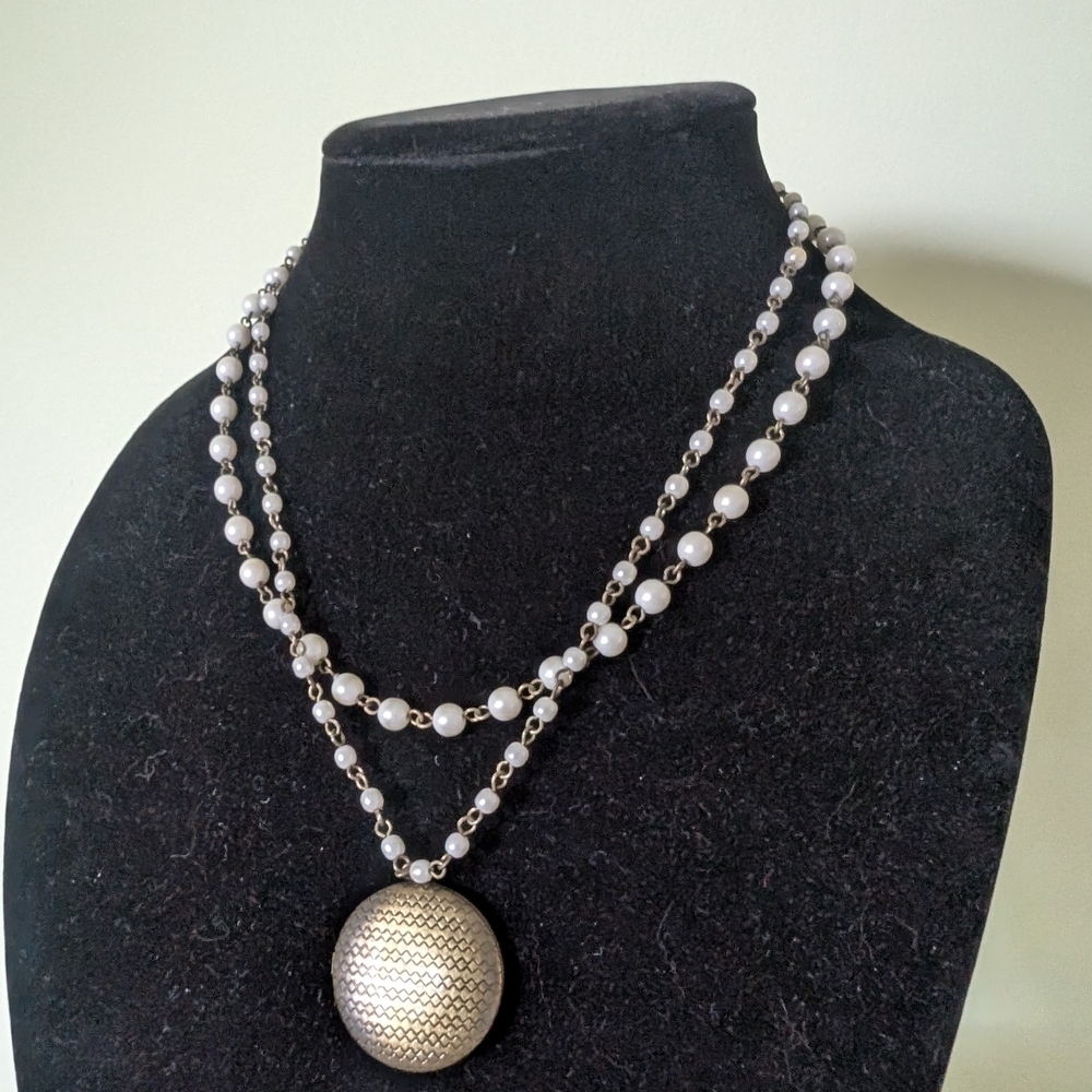 Multi Strand Faux Pearl and Goldtone Necklace With Locket Pendant